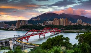 Preview wallpaper bridge, river, buildings, city, trees