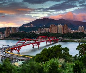 Preview wallpaper bridge, river, buildings, city, trees