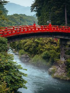 Preview wallpaper bridge, river, bushes, trees, nature