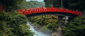 Preview wallpaper bridge, river, bushes, trees, nature