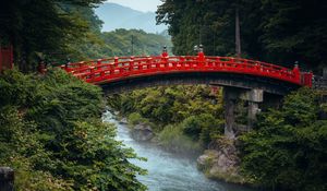 Preview wallpaper bridge, river, bushes, trees, nature