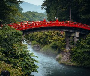 Preview wallpaper bridge, river, bushes, trees, nature