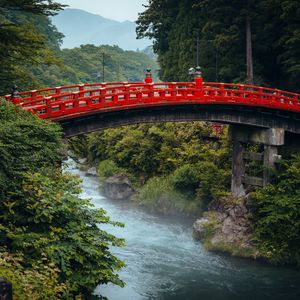 Preview wallpaper bridge, river, bushes, trees, nature