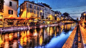 Preview wallpaper bridge, river, cafes, light, architecture, landscape, hdr