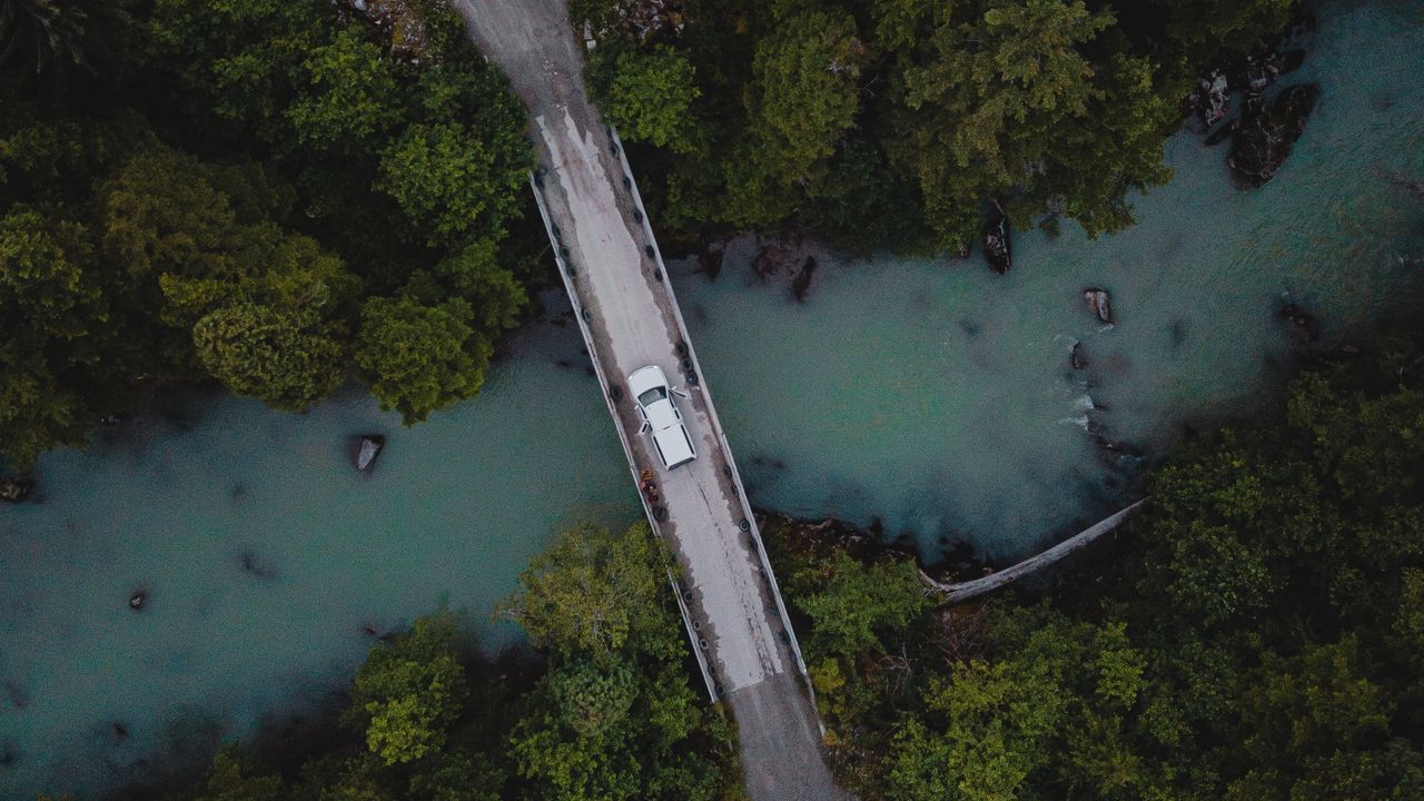 Wallpaper bridge, river, car, aerial view, trees, forest