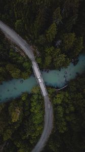 Preview wallpaper bridge, river, car, aerial view, trees, forest