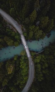 Preview wallpaper bridge, river, car, aerial view, trees, forest