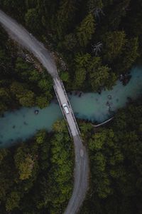 Preview wallpaper bridge, river, car, aerial view, trees, forest