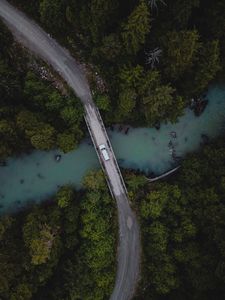 Preview wallpaper bridge, river, car, aerial view, trees, forest