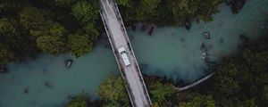 Preview wallpaper bridge, river, car, aerial view, trees, forest