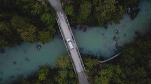 Preview wallpaper bridge, river, car, aerial view, trees, forest