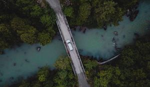 Preview wallpaper bridge, river, car, aerial view, trees, forest