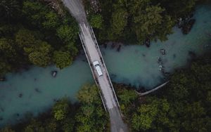 Preview wallpaper bridge, river, car, aerial view, trees, forest