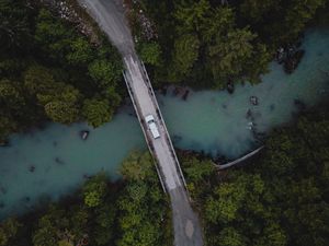 Preview wallpaper bridge, river, car, aerial view, trees, forest