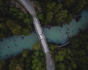 Preview wallpaper bridge, river, car, aerial view, trees, forest