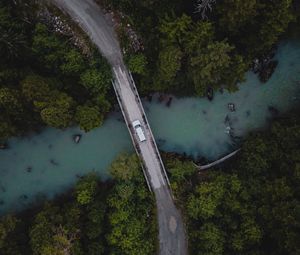 Preview wallpaper bridge, river, car, aerial view, trees, forest