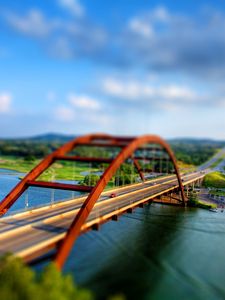 Preview wallpaper bridge, river, car, illusion, reduction, degradation