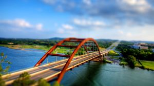 Preview wallpaper bridge, river, car, illusion, reduction, degradation