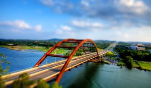 Preview wallpaper bridge, river, car, illusion, reduction, degradation