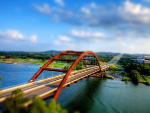 Preview wallpaper bridge, river, car, illusion, reduction, degradation