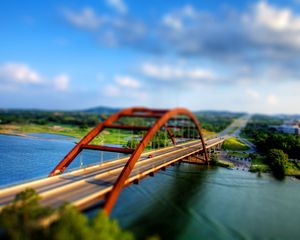 Preview wallpaper bridge, river, car, illusion, reduction, degradation