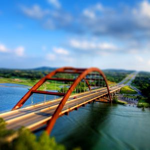 Preview wallpaper bridge, river, car, illusion, reduction, degradation