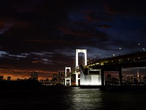 Preview wallpaper bridge, river, city, dark, backlight, buildings