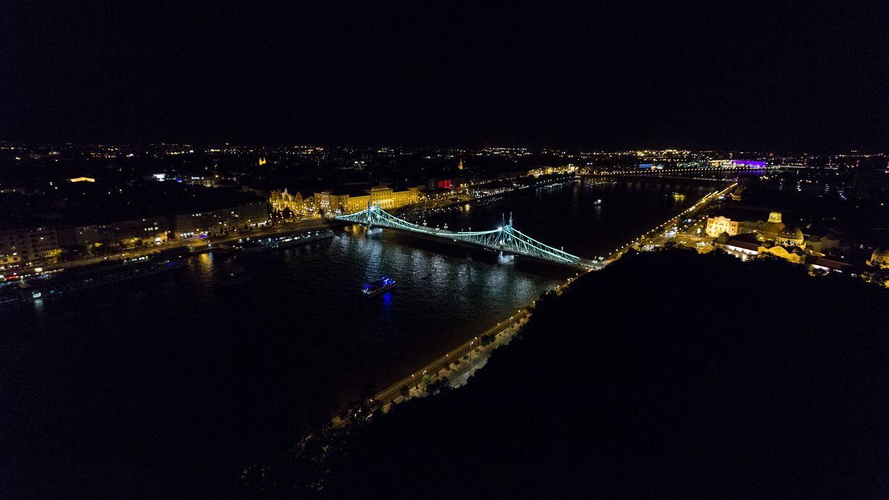 Wallpaper bridge, river, city, lights, night