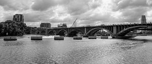 Preview wallpaper bridge, river, clouds, buildings, black and white