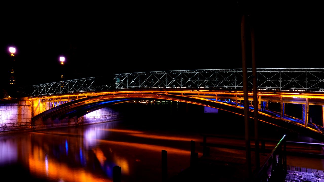 Wallpaper bridge, river, dark, night, backlight