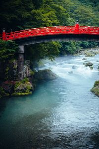 Preview wallpaper bridge, river, forest, trees, asia