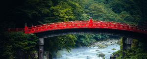 Preview wallpaper bridge, river, forest, trees, asia