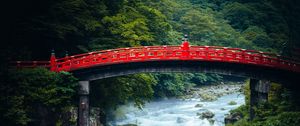 Preview wallpaper bridge, river, forest, trees, asia