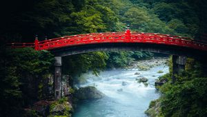 Preview wallpaper bridge, river, forest, trees, asia