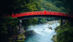 Preview wallpaper bridge, river, forest, trees, asia