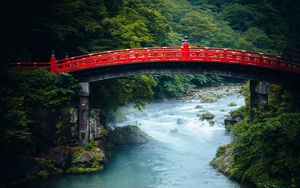 Preview wallpaper bridge, river, forest, trees, asia