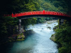 Preview wallpaper bridge, river, forest, trees, asia