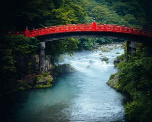 Preview wallpaper bridge, river, forest, trees, asia