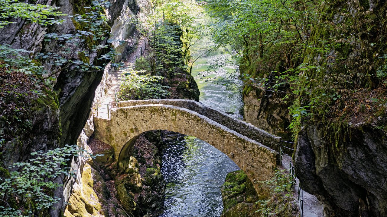 Wallpaper bridge, river, forest, cliffs, gorge, nature