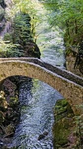 Preview wallpaper bridge, river, forest, cliffs, gorge, nature