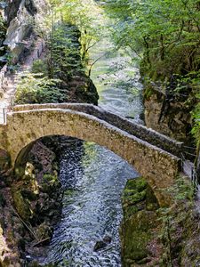 Preview wallpaper bridge, river, forest, cliffs, gorge, nature