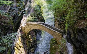 Preview wallpaper bridge, river, forest, cliffs, gorge, nature