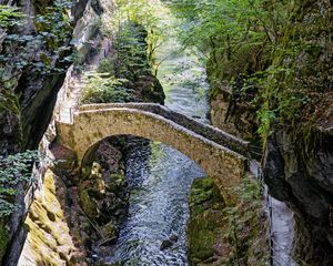 Preview wallpaper bridge, river, forest, cliffs, gorge, nature