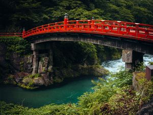 Preview wallpaper bridge, river, gorge, nature, japan