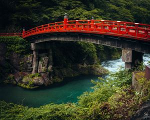 Preview wallpaper bridge, river, gorge, nature, japan