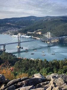 Preview wallpaper bridge, river, hills, mountains, trees