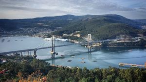 Preview wallpaper bridge, river, hills, mountains, trees