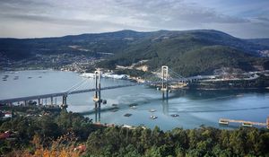 Preview wallpaper bridge, river, hills, mountains, trees
