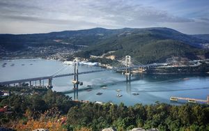 Preview wallpaper bridge, river, hills, mountains, trees