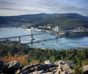 Preview wallpaper bridge, river, hills, mountains, trees